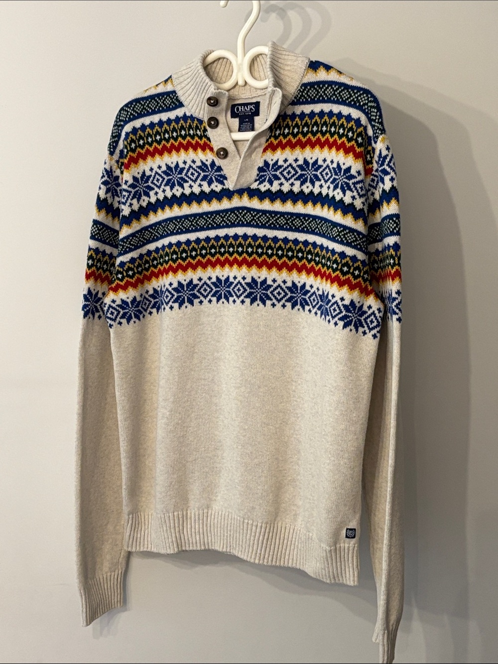 CHAPS Men’s L Fair Isle Nordic Sweater 100% Cotton Quarter Button Cream - Picture 2 of 10
